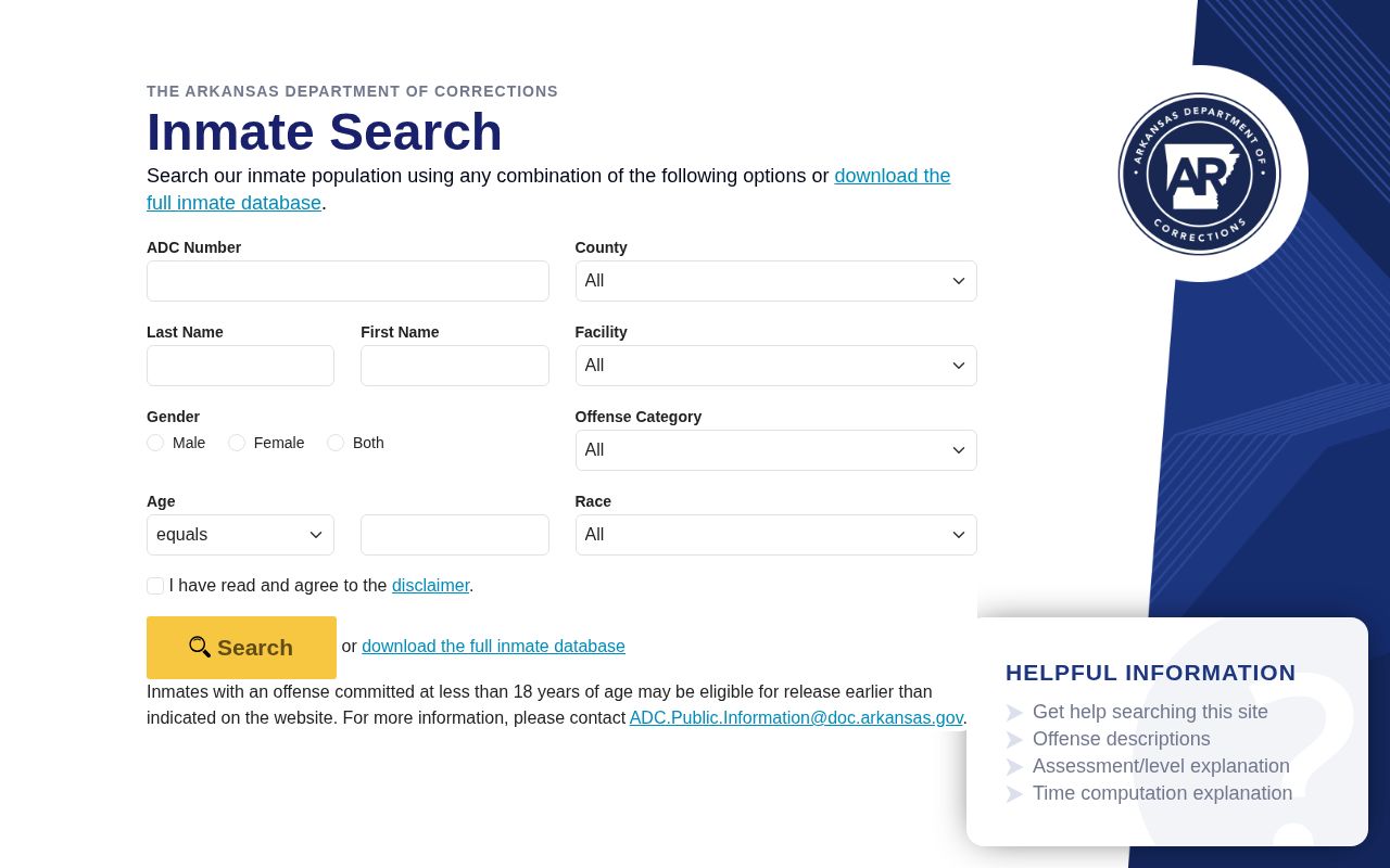 Official Arkansas state inmate search fields