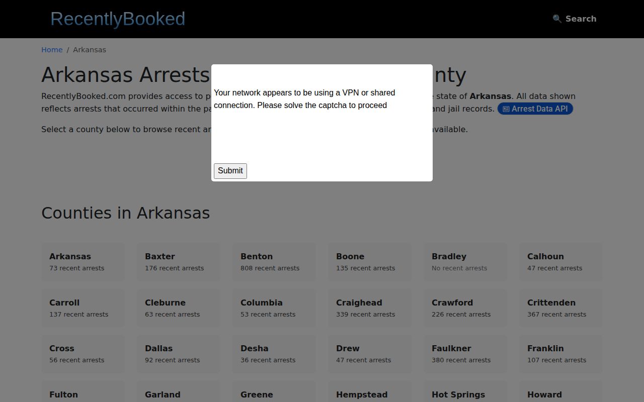 RecentlyBooked Arkansas statewide page without verified Cleveland County listing